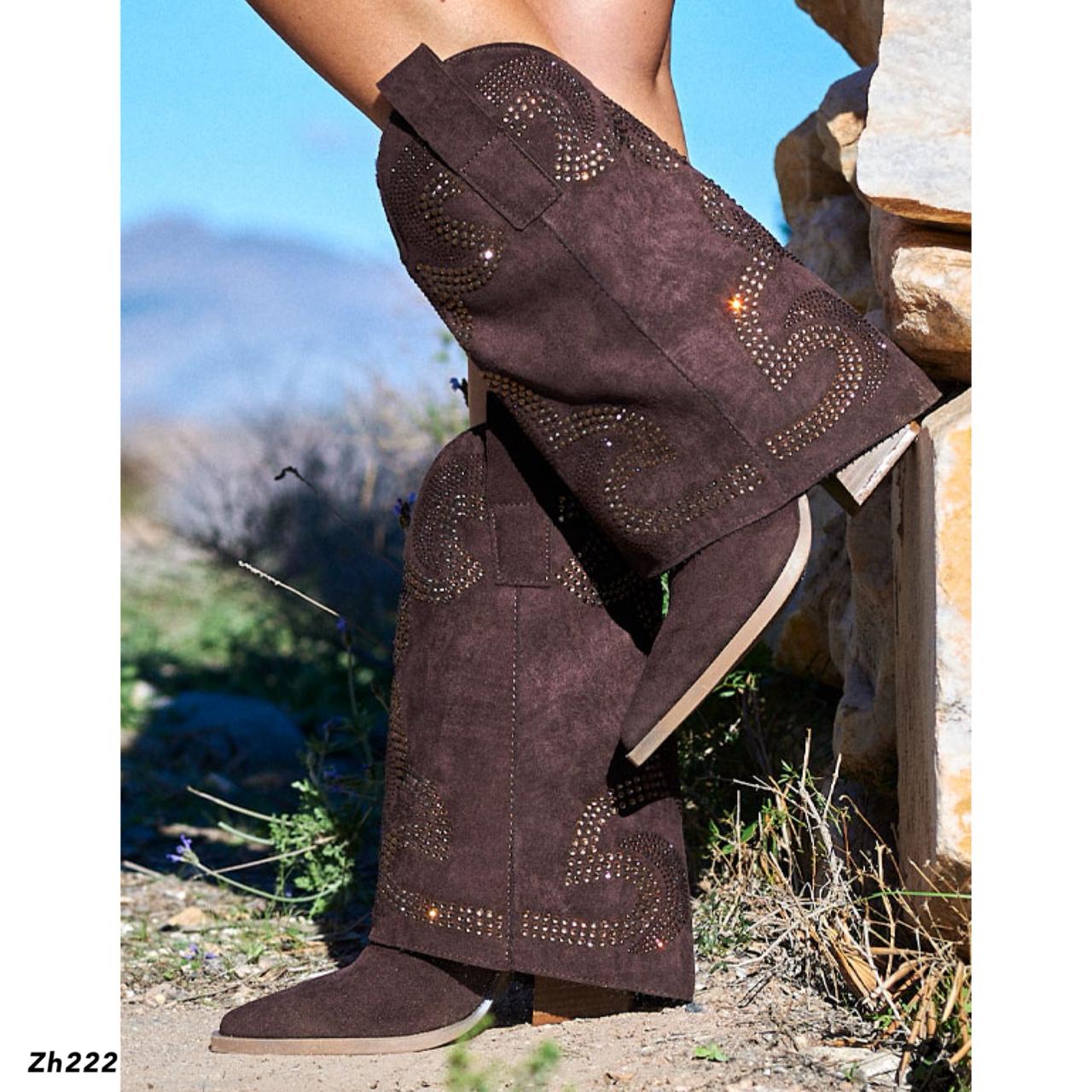 Bota texana café oscuro doblez apliques negro brillantes tacon 8cm A9589 C-83